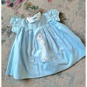 Vintage Nannette Infant Baby Light Blue Party Dress Pleated Dalmation Applique